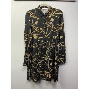 Stradivarius Shirt Dress Womens Small Black Rope‎ Tassel Gold Button Front